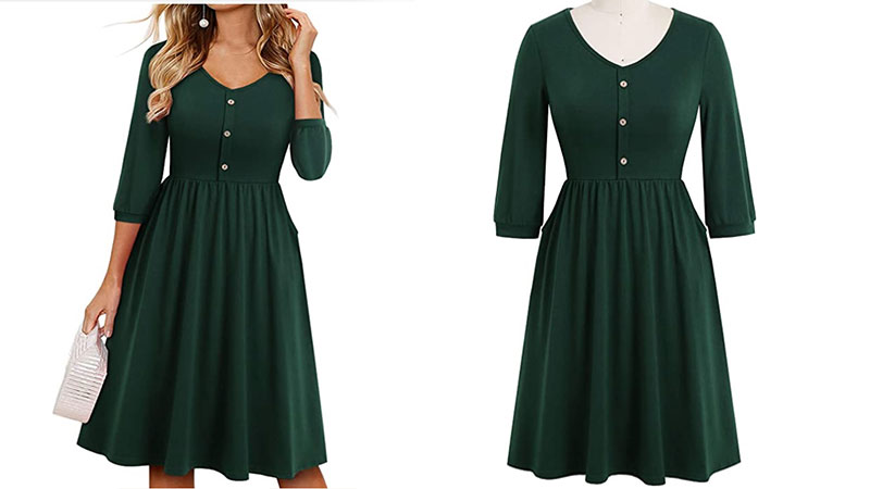 Dark Green Neck Button Dress