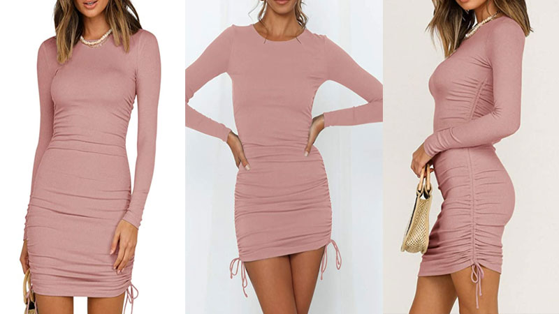 Ribbed Long Sleeve Drawstring Mini Ruched Bodycon Dresses